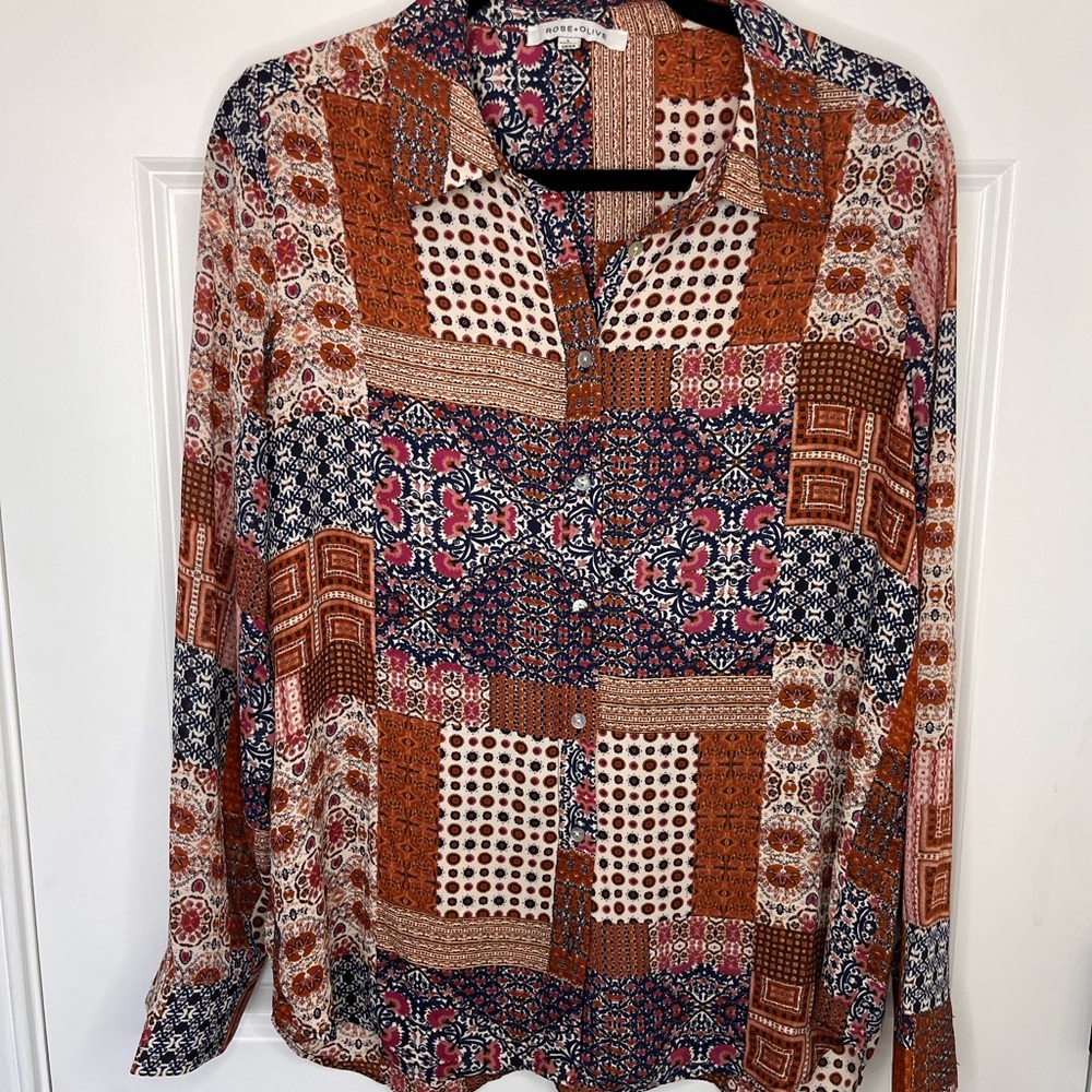 Rose & Olive Multicolor Patchwork Button Down Blouse